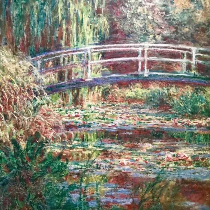 claude monet painting the water lilies pond with a green bridge